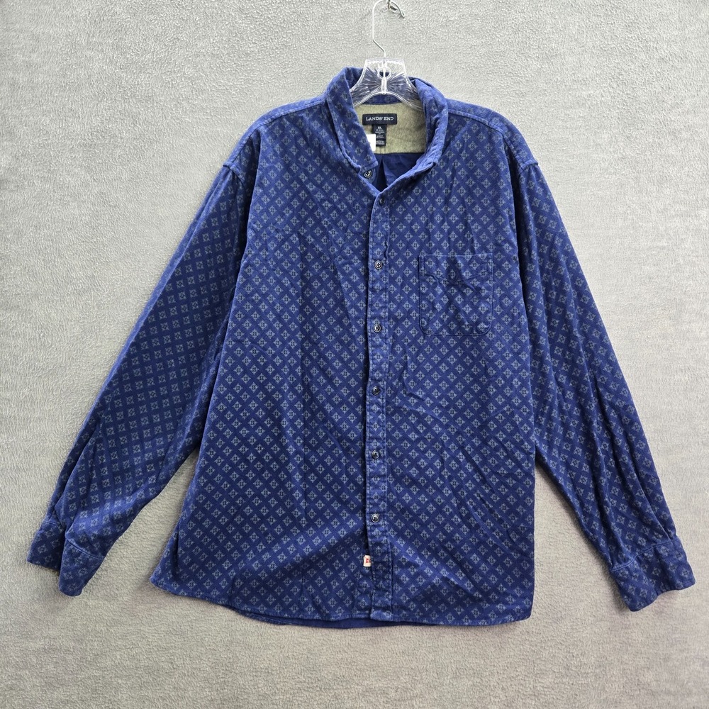 Lands End Men Button Up Shirt XL Blue Geometric Flannel Long Sleeve Southwestern